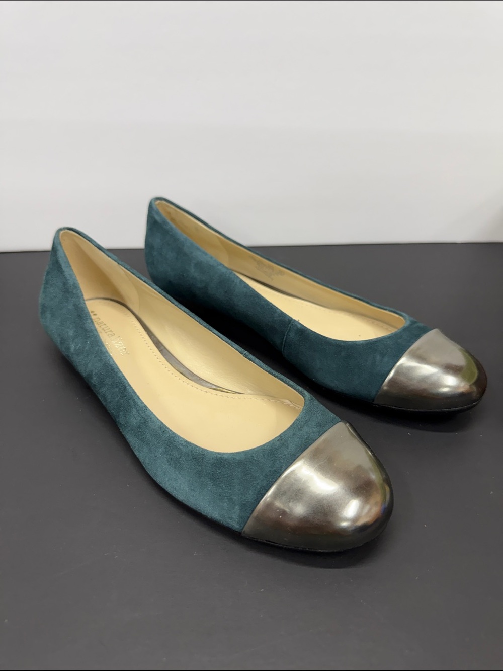 Naturalizer Teal Suede Flats with Metallic Silver Cap Toe